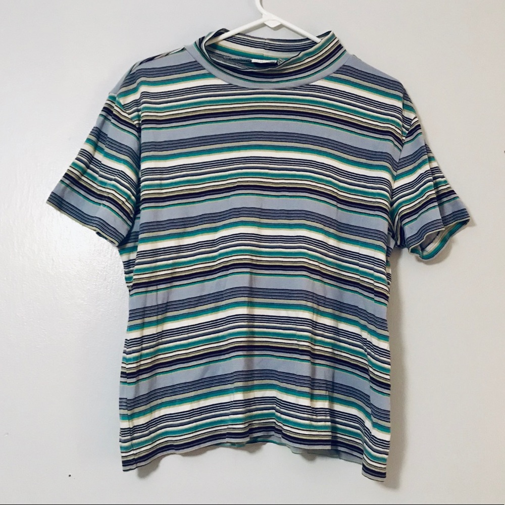 Vintage turtle neck blue green striped t shirt